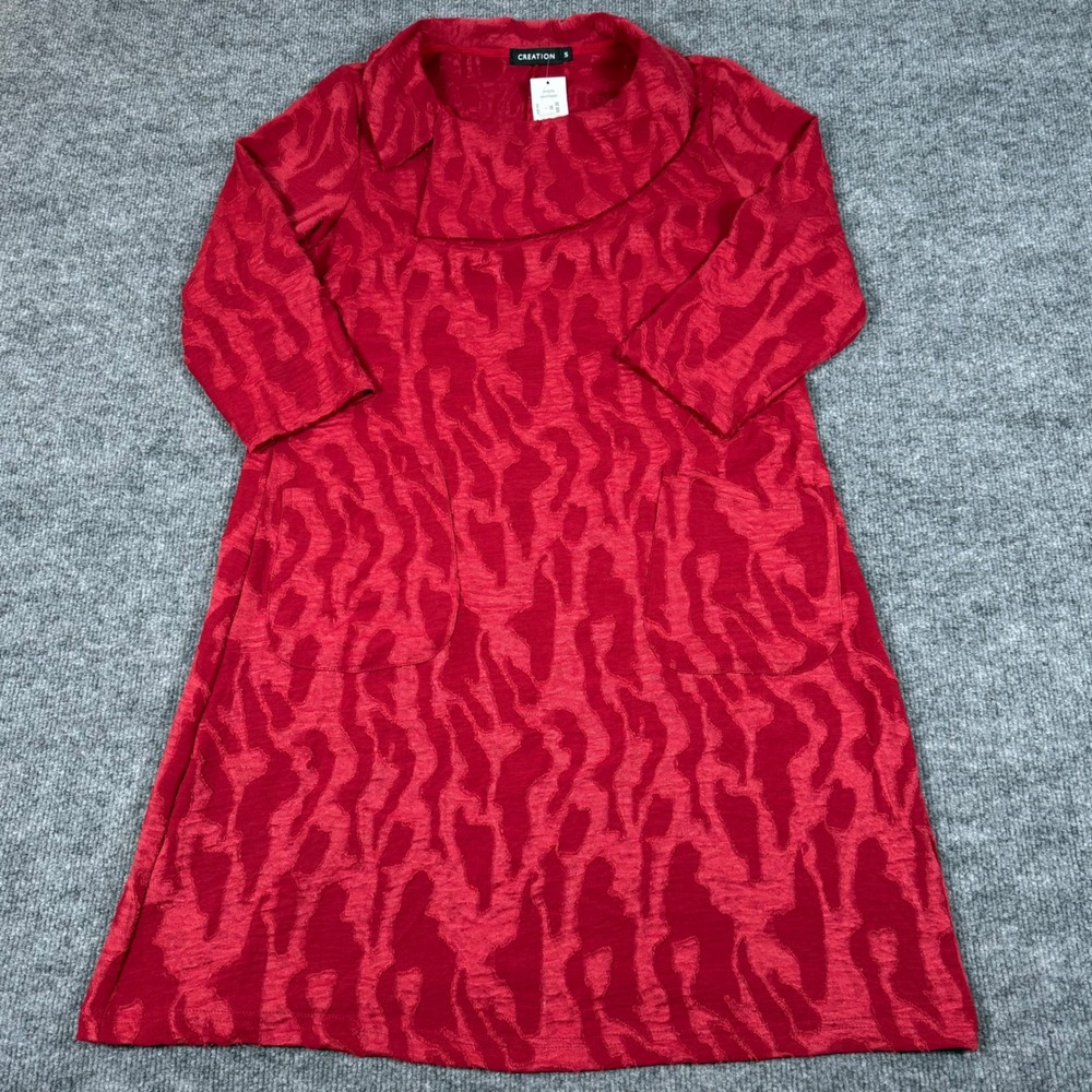 Creation Small Red Patterned Collar Neck Dress 3/4 Sleeve Pockets NWT‎ FLAW READ